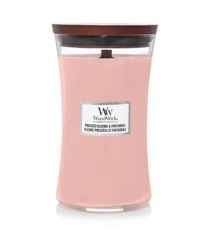 Candela profumata WoodWick Pressed Blooms & Patchouli con stoppino in legno per uomo