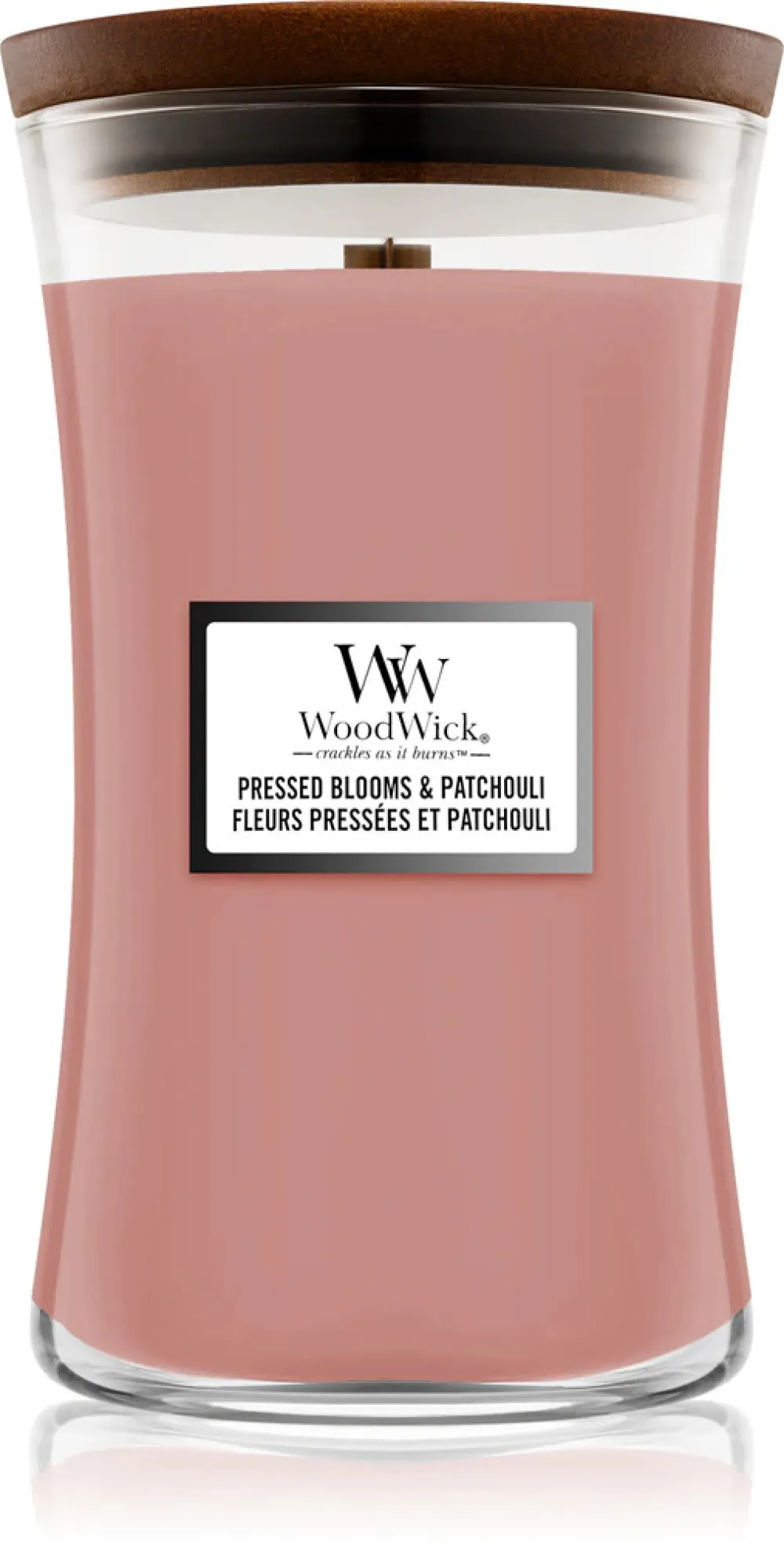 Candela profumata WoodWick Pressed Blooms & Patchouli con stoppino in legno 609,5 g