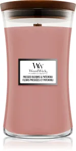 Candela profumata WoodWick Pressed Blooms & Patchouli con stoppino in legno 609,5 g