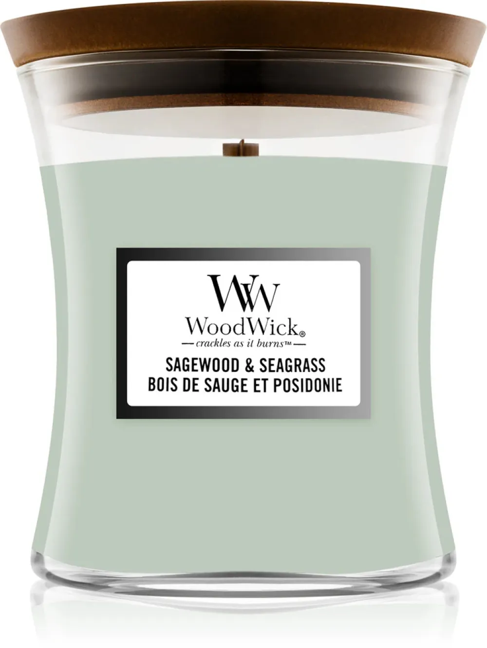 Candela profumata WoodWick Sagewood & Seagrass con stoppino in legno 275 g