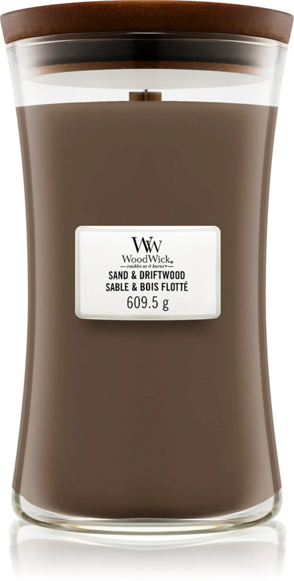 Candela profumata WoodWick Sand & Driftwood con stoppino in legno 275 g