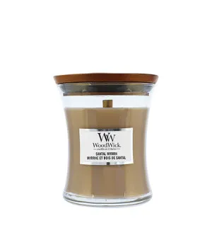 Candela profumata WoodWick Santal Myrrh con stoppino in legno per uomo