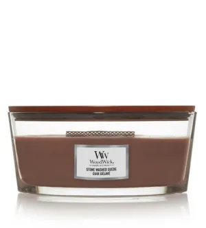 Candela profumata WoodWick Stone Washed Suede con stoppino in legno 453,6 g