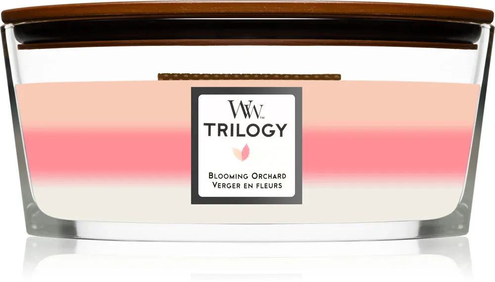 Candela profumata con stoppino in legno WoodWick Trilogy Blooming Orchard 453,6 g