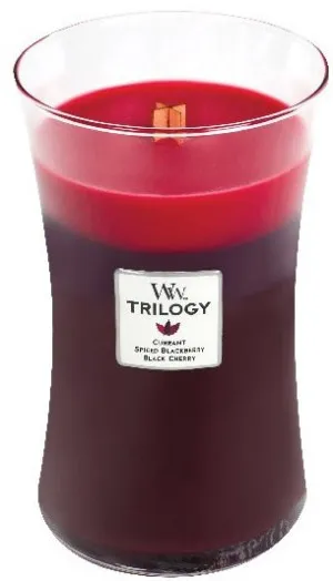 Candela profumata WoodWick Trilogy Sun Ripened Berries con stoppino in legno 609,5 g