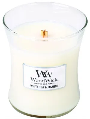 Candela profumata WoodWick White Tea & Jasmine con stoppino in legno 275 g