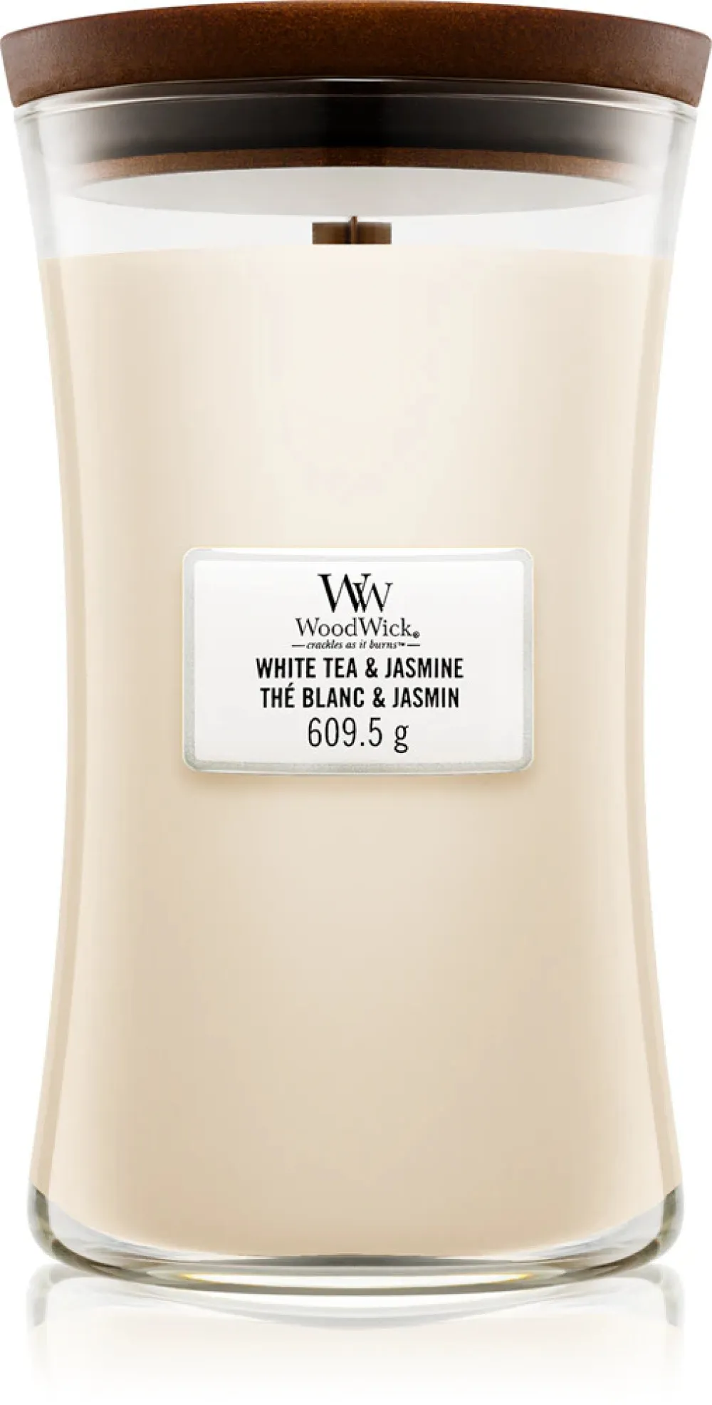 Candela profumata WoodWick White Tea & Jasmine con stoppino in legno 609,5 g
