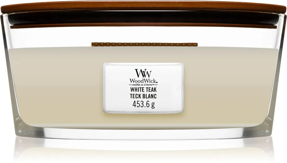 Candela profumata WoodWick White Teak con stoppino in legno 453,6 g