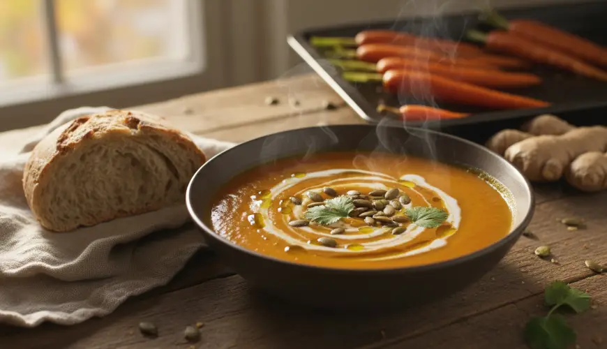 Setosamente cremosa zuppa di carote arrosto e zenzero senza panna