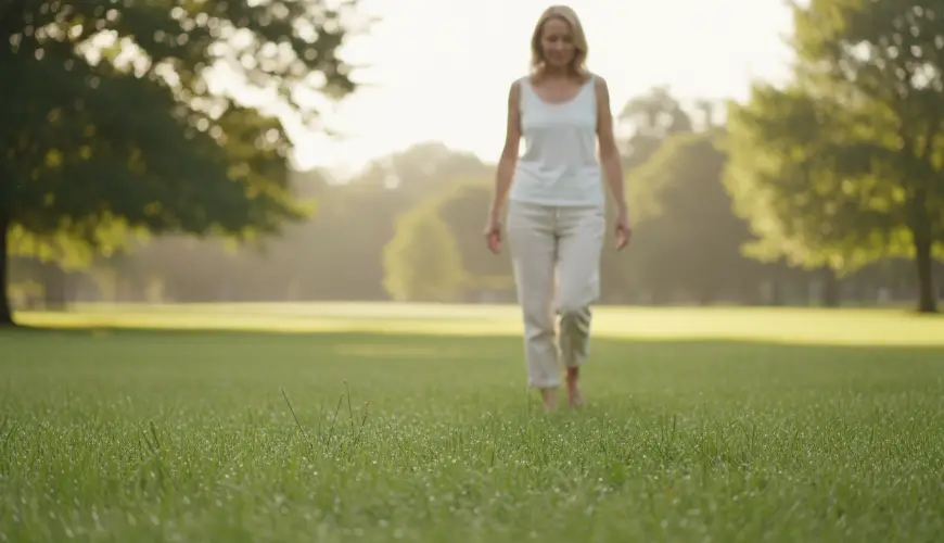 Lenta camminata a piedi nudi sull'erba come allenamento sensoriale