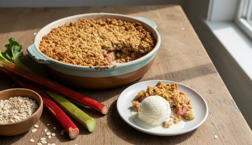 Il crumble di rabarbaro con briciole di avena non delude mai