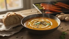 Setosamente cremosa zuppa di carote arrosto e zenzero senza panna