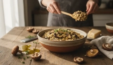 Salato oatto d'avena con funghi come alternativa salutare al risotto