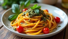 Spaghetti sani di zucca con pesto per un pasto veloce e semplice