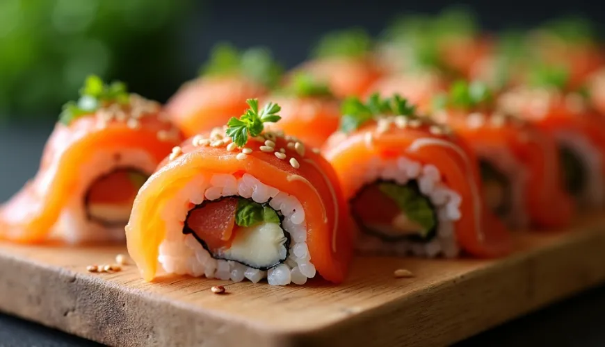 Uramaki come trendy rotoli di sushi per un pasto divertente con gli amici