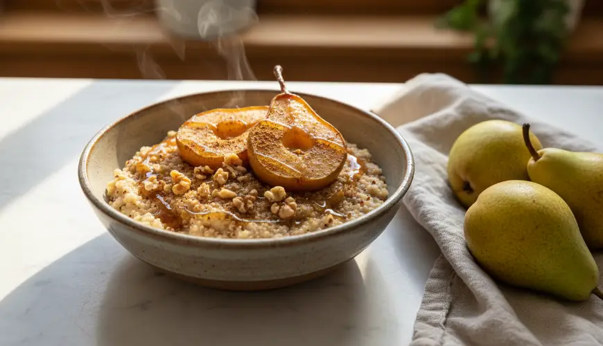Provate il porridge dolce di quinoa con pere al forno