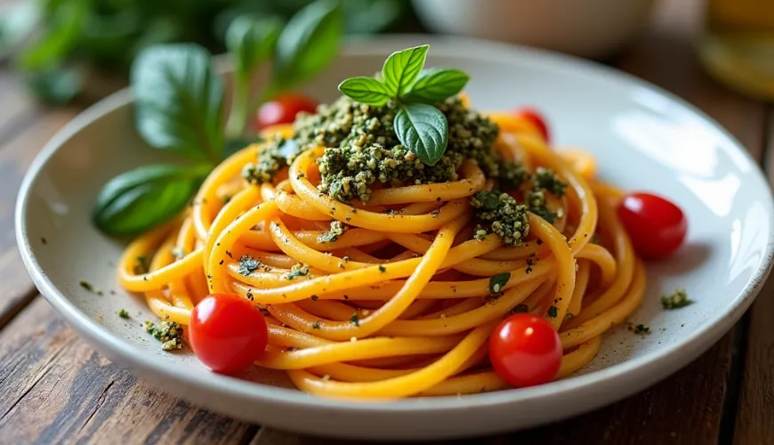 Spaghetti sani di zucca con pesto per un pasto veloce e semplice